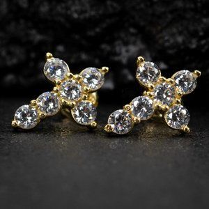 Iced Cz Yellow Gold Plated 925 Sterling Silver Cross Stud Screw Back Earrings